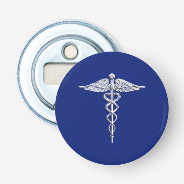 Silver Chrome Caduceus Medical Symbol on Navy Blue Bottle Opener (Front)