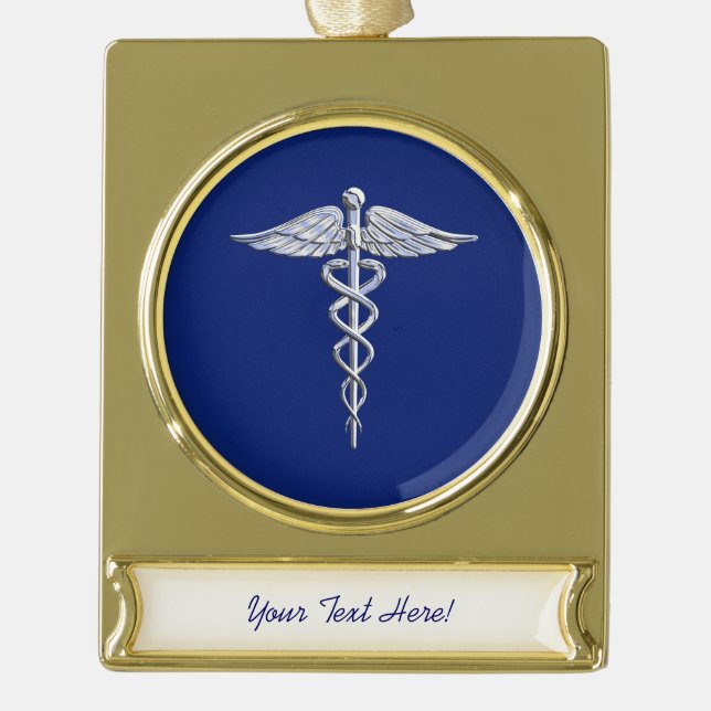 Silver Chrome Caduceus Medical Symbol on Navy Blue Gold Plated Banner Ornament (Front)