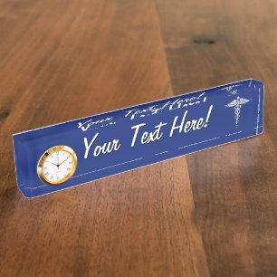 Silver Chrome Caduceus Medical Symbol on Navy Blue Nameplate