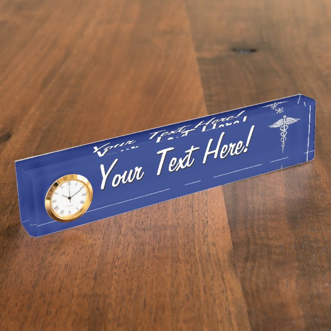 Silver Chrome Caduceus Medical Symbol on Navy Blue Nameplate (Side)