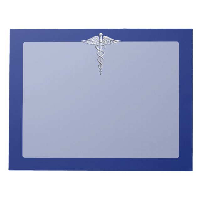 Silver Chrome Caduceus Medical Symbol on Navy Blue Notepad (Front)