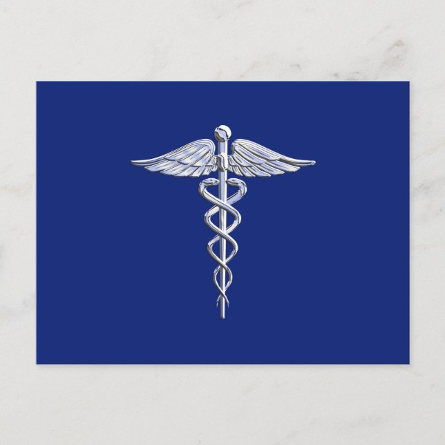 Silver Chrome Caduceus Medical Symbol on Navy Blue Postcard (Front)