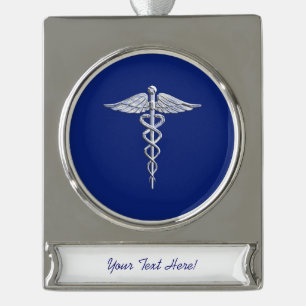Silver Chrome Caduceus Medical Symbol on Navy Blue Silver Plated Banner Ornament