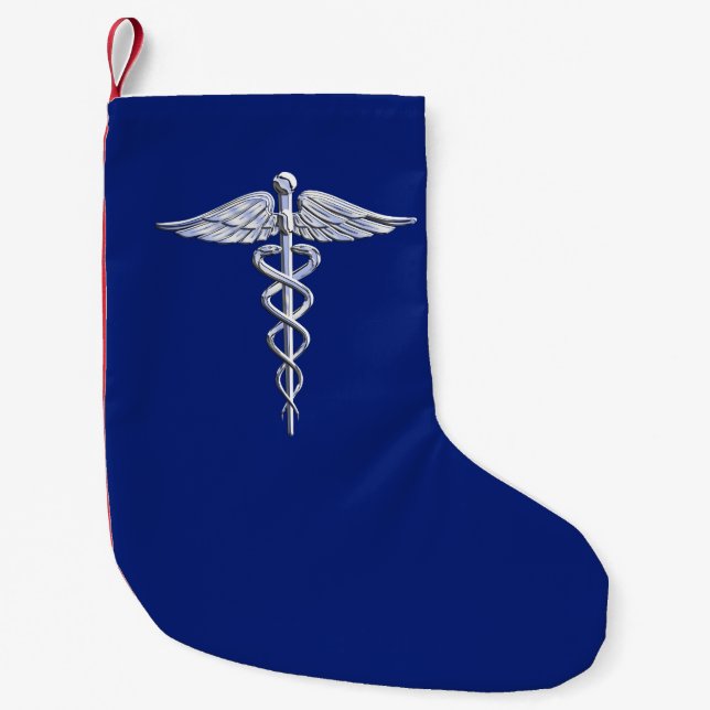 Silver Chrome Caduceus Medical Symbol on Navy Blue Small Christmas Stocking (Front)