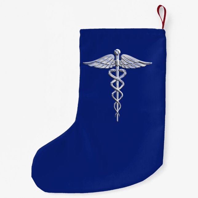 Silver Chrome Caduceus Medical Symbol on Navy Blue Small Christmas Stocking (Back)