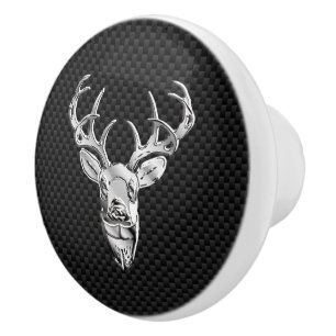 Silver Chrome Deer on Carbon Fibre Style Print Ceramic Knob