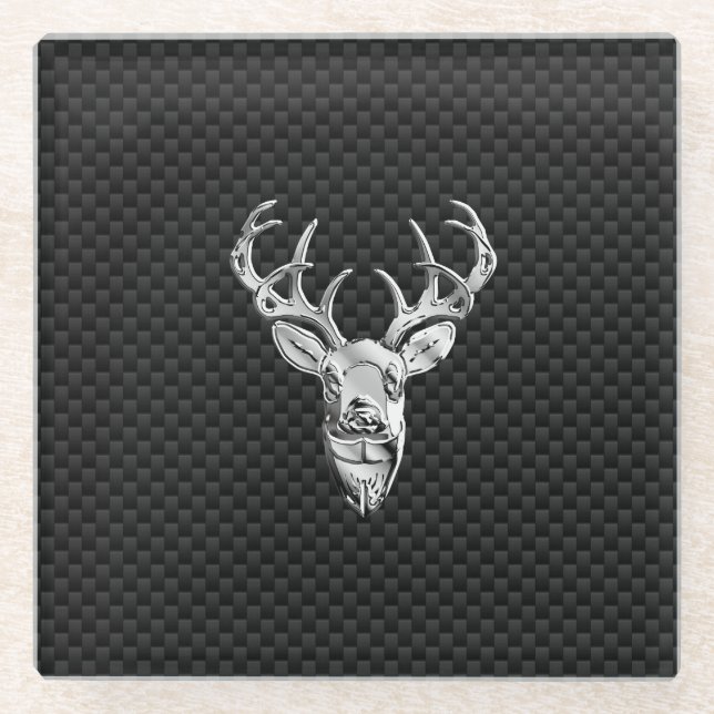 Silver Chrome Deer on Carbon Fibre Style Print Glass Coaster (Front)