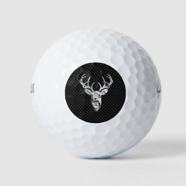 Silver Chrome Deer on Carbon Fibre Style Print Golf Balls (Front)