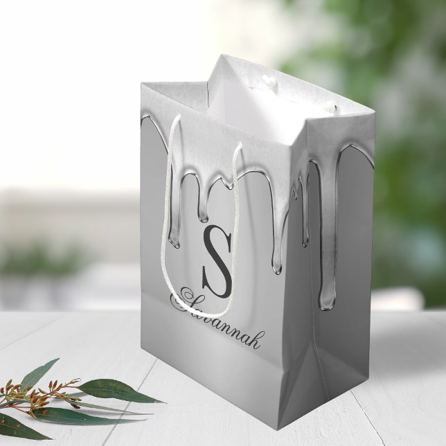 Silver Chrome Drips Liquid Metal Monogram Medium Gift Bag (Silver Chrome Drips Liquid Metal Monogram Medium Gift Bag)
