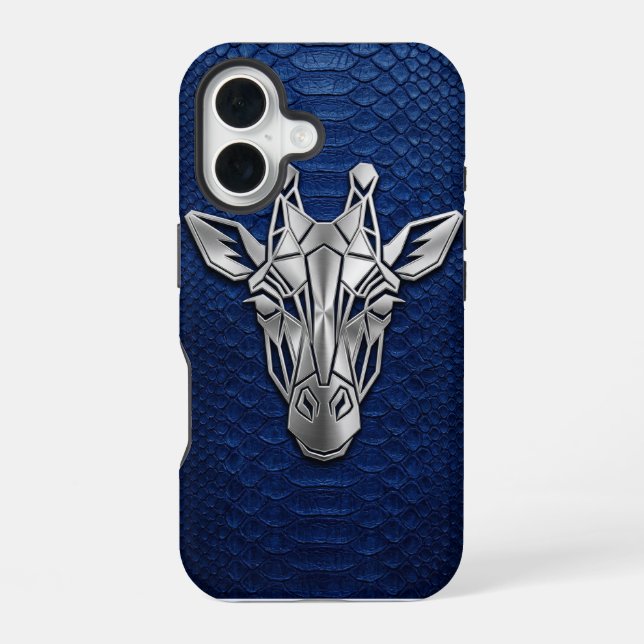 Silver Chrome Geometric Giraffe Blue Python iPhone 16 Case (Back)