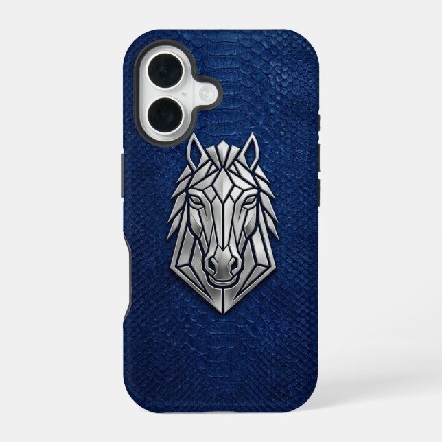 Silver Chrome Geometric Horse Blue Python iPhone 16 Case (Back)