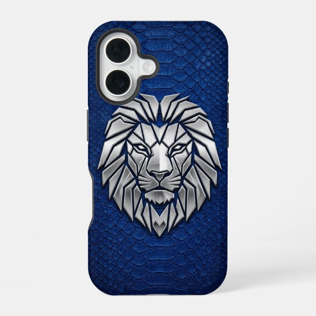 Silver Chrome Geometric Lion Blue Python iPhone 16 Case (Back)