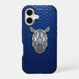 Silver Chrome Geometric Rhino Blue Python iPhone 16 Case