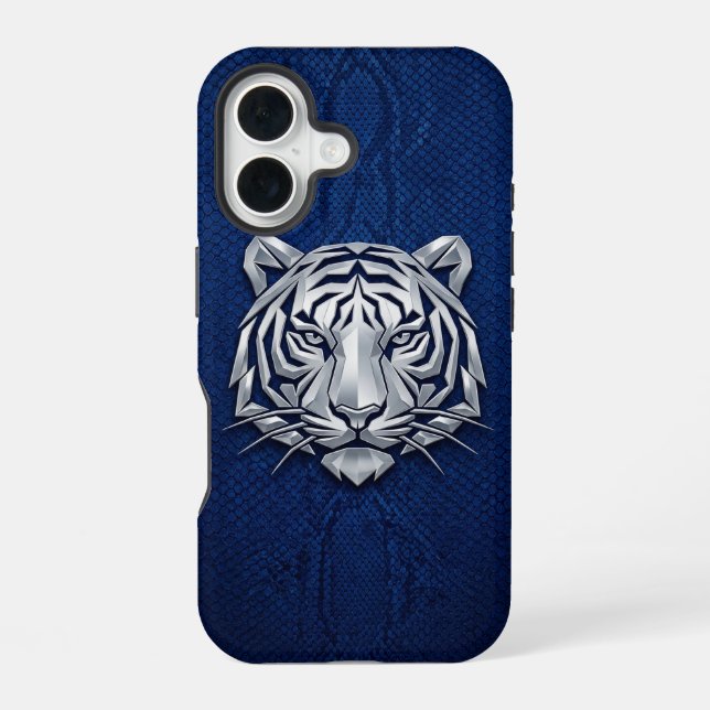 Silver Chrome Geometric Tiger Blue Python iPhone  16 Case (Back)