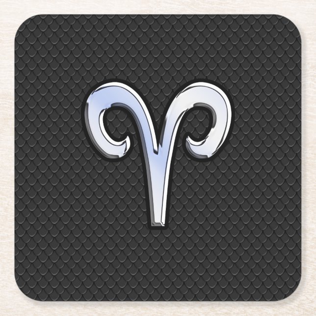 Silver Chrome Like Aries Zodiac Sign Square Paper Coaster (Front)