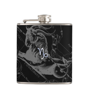 Silver Chrome like Capricorn Zodiac Sign Hevelius Hip Flask