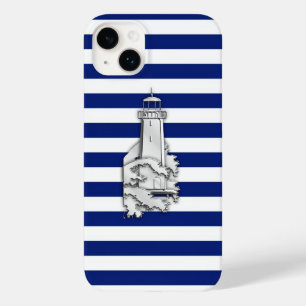 Silver Chrome Like Lighthouse on Navy Stripes Case-Mate iPhone 14 Plus Case
