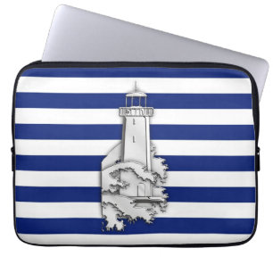 Silver Chrome Like Lighthouse on Navy Stripes Laptop Sleeve