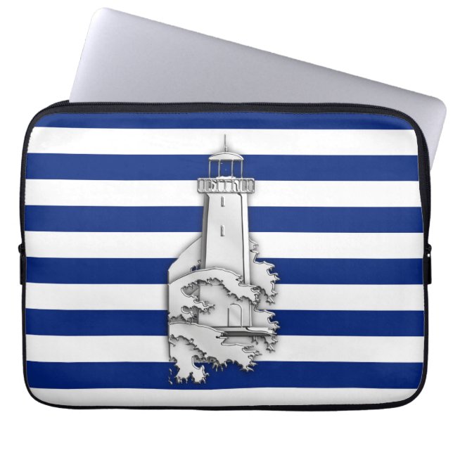Silver Chrome Like Lighthouse on Navy Stripes Laptop Sleeve (Front)