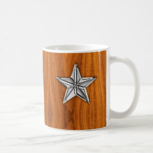Silver Chrome Like Nautical Star on Teak Veneer Coffee Mug