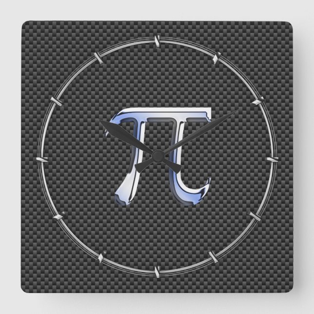 Silver Chrome Like Pi Symbol on Carbon Fibre Square Wall Clock (Front)