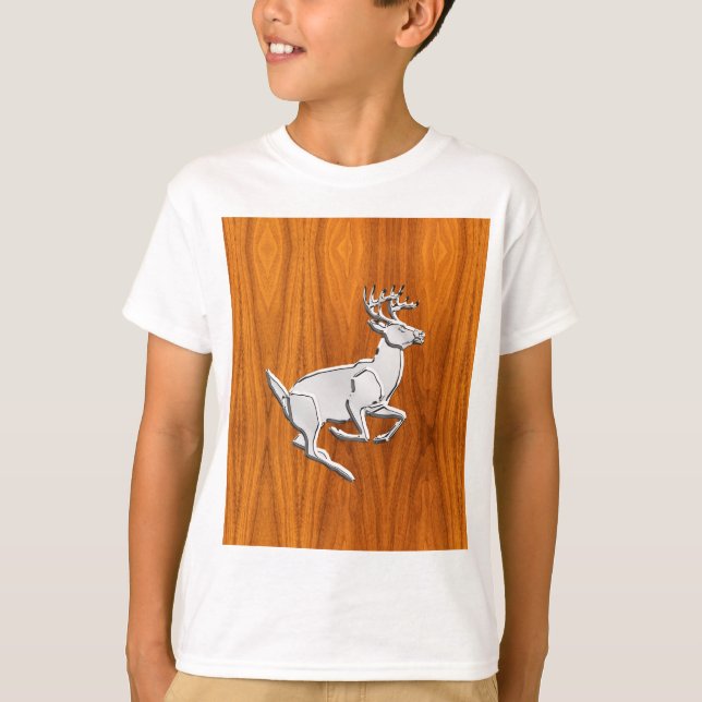 Silver Chrome Like Running Deer on Fine Teak Print T-Shirt (Front)