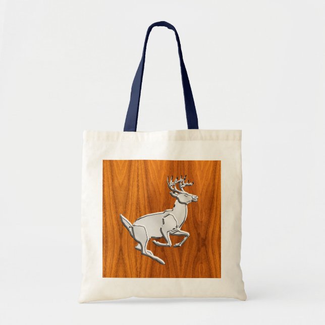 Silver Chrome Like Running Deer on Fine Teak Print Tote Bag (Front)