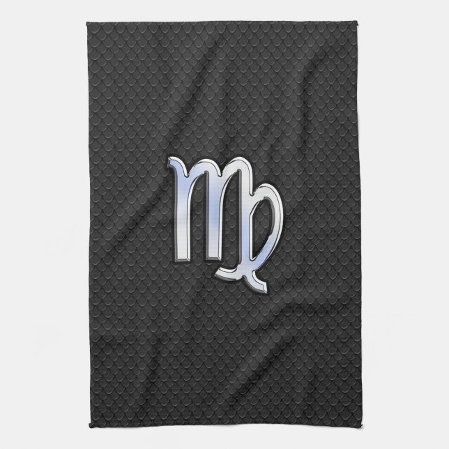 Silver Chrome Virgo Zodiac Sign on snake skin Tea Towel (Vertical)