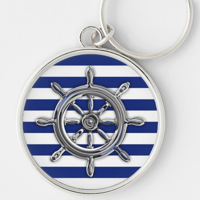 Silver Chrome Wheel on Nautical Stripes Key Ring (Front)