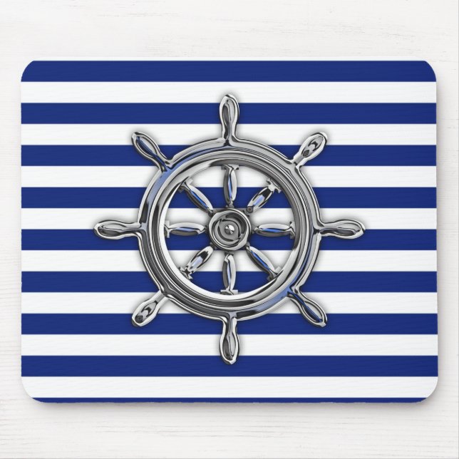 Silver Chrome Wheel on Nautical Stripes Mouse Mat (Front)