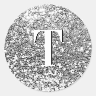 Silver Chunky Glitter Monogrammed Classic Round Sticker