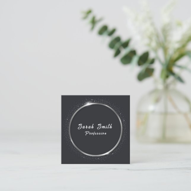 Silver Circle Glitter Square Business Card (Standing Front)