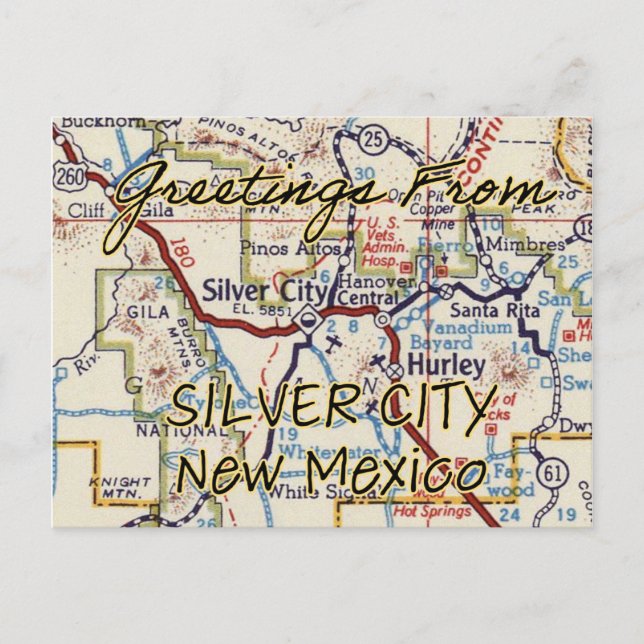 Silver City NM Vintage Map Postcard (Front)
