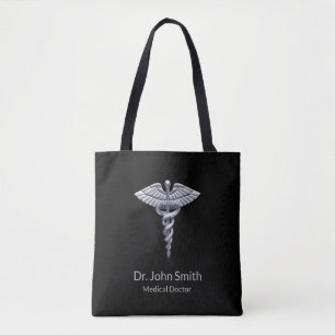 Silver Classy Medical Caduceus on Black Tote Bag