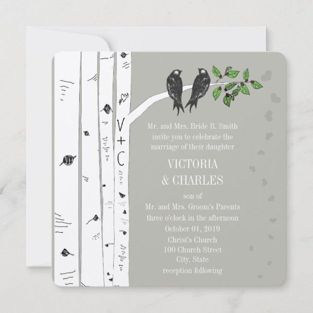 Silver Cloud Birch Vintage Birds Wedding Invite (Front)
