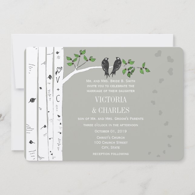 Silver Cloud Birch Vintage Birds Wedding Invite (Front)