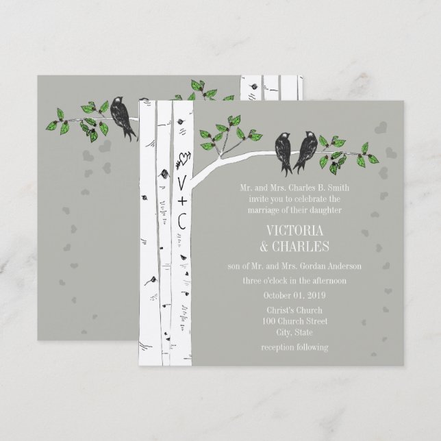 Silver Cloud Birch Vintage Birds Wedding Invite (Front/Back)