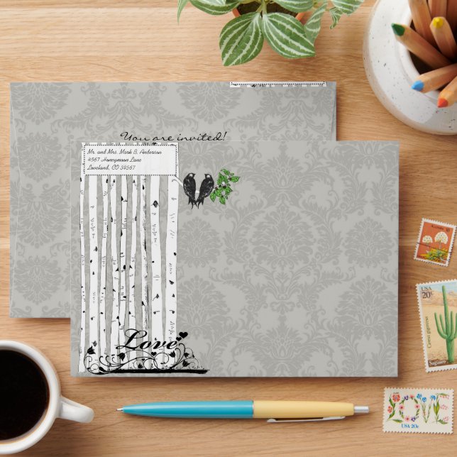 Silver Cloud Vintage Birds Damask Wedding Envelope (Desk)