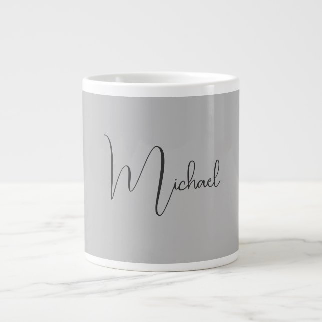 Silver Colour Elegant Grey Calligraphy Script Name Large Coffee Mug (Front)