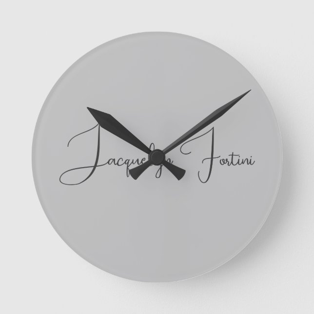 Silver Colour Elegant Grey Calligraphy Script Name Round Clock (Front)