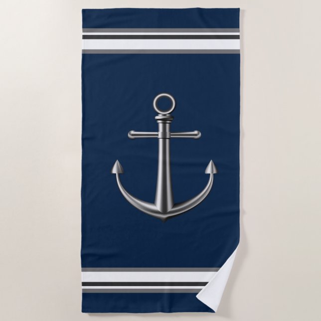 Silver Coloured Anchor Beach Towel (Front)