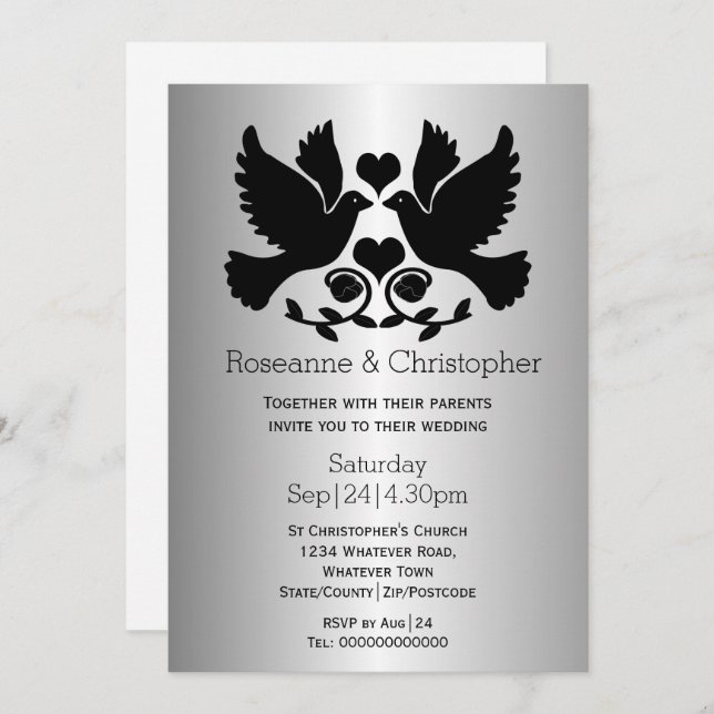 Silver Coloured Dove Personalised Wedding Invitation (Front/Back)
