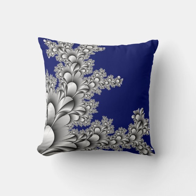 Silver Coloured Fractal on Midnight Blue Cushion (Front)