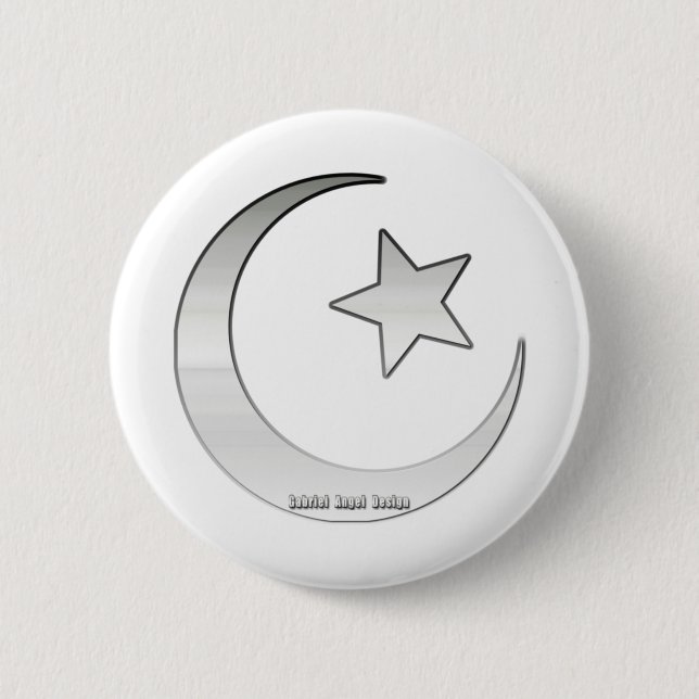 Silver Coloured Star and Crescent Symbol 6 Cm Round Badge (Front)