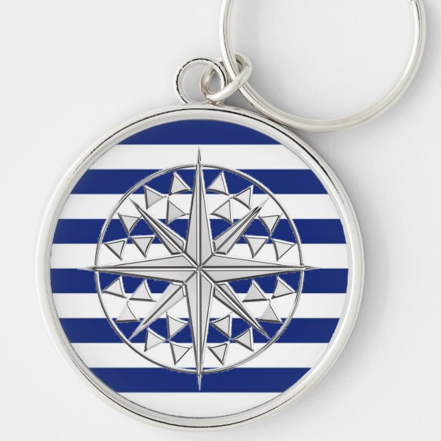 Silver Compass on Nautical Stripes Key Ring (Front)