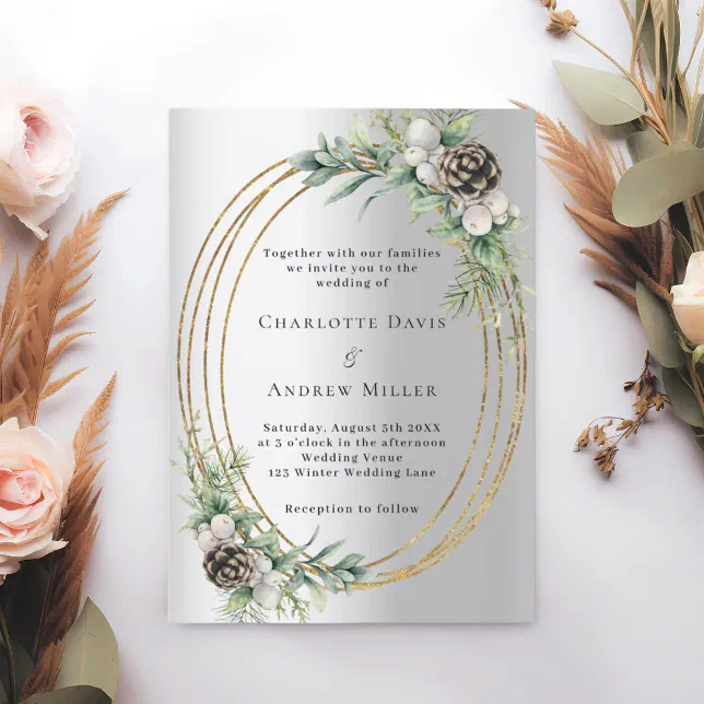 Silver cone pine greenery gold frame wedding invitation | Zazzle