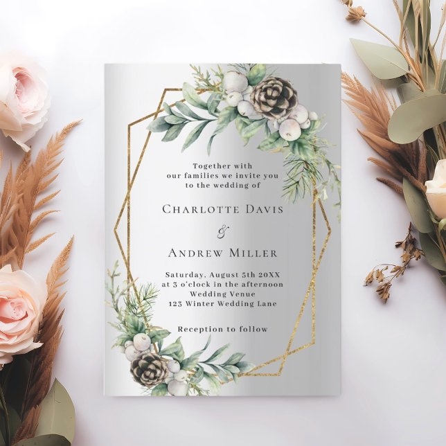 Silver cone pine greenery gold geometric wedding invitation (Creator Uploaded)