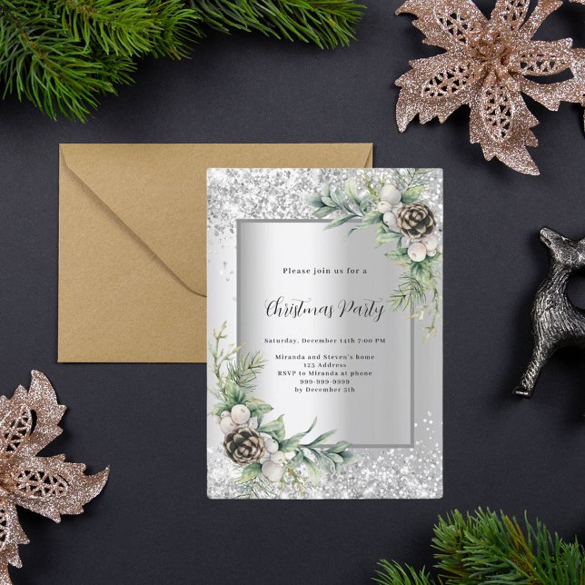 Silver cones green leaves Christmas Party Invitation (Creator Uploaded)
