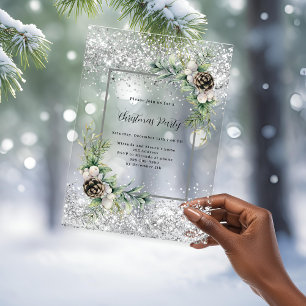 Silver cones green leaves frosted Christmas Party Acrylic Invitations