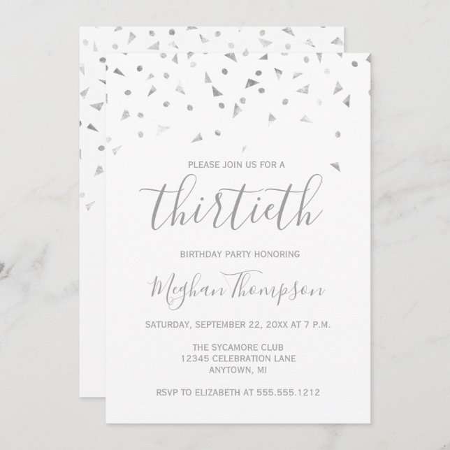 Silver Confetti 30th Birthday Party Invitation (Front/Back)